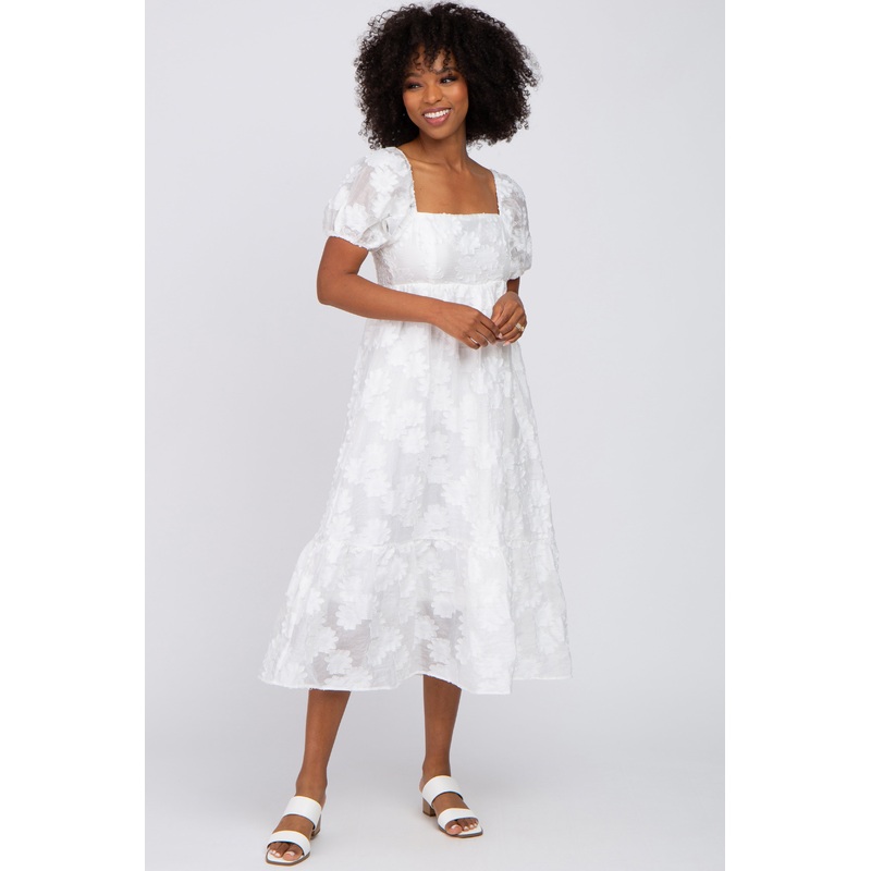 White Textured Floral Puff Sleeve Dress