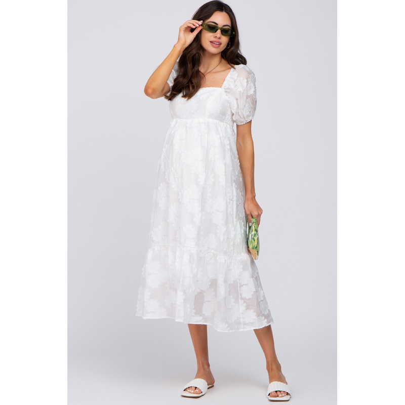 White Textured Floral Puff Sleeve Maternity Dress