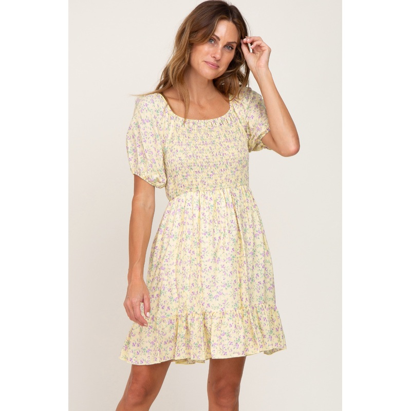 Yellow Floral Smocked Puff Sleeve Dress