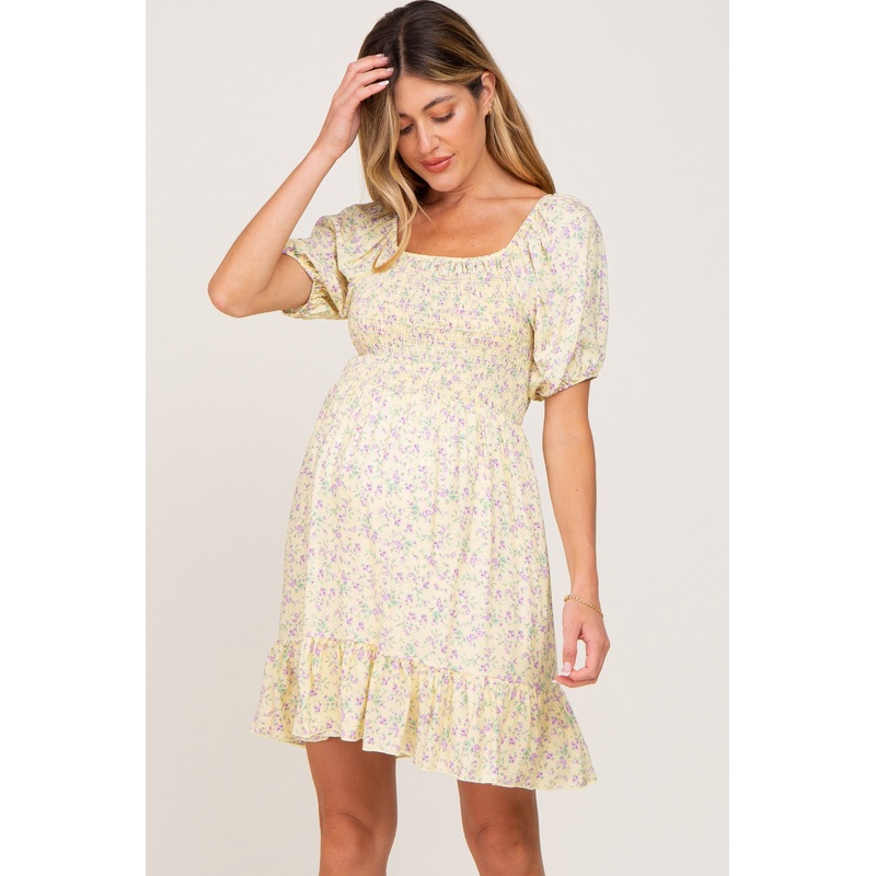 Yellow Floral Smocked Puff Sleeve Maternity Dress