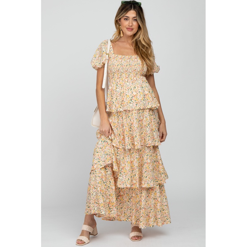 Yellow Floral Square Neck Ruffle Layered Maternity Maxi Dress