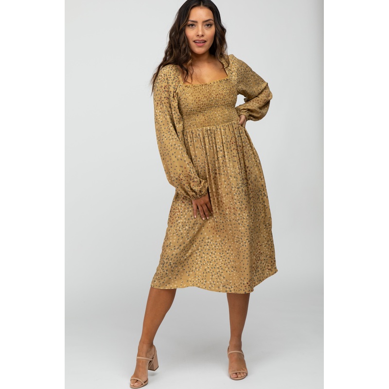 Yellow Printed Smocked Long Sleeve Dress