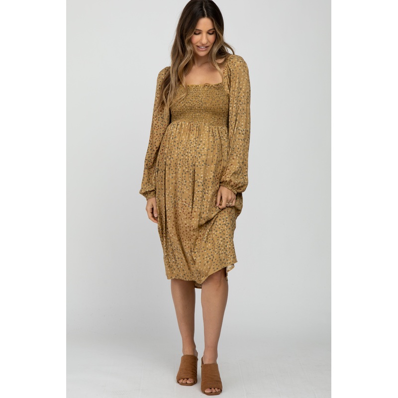 Yellow Printed Smocked Long Sleeve Maternity Dress