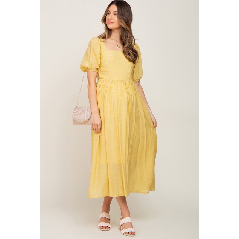 Yellow Striped Puff Sleeve Maternity Midi Dress