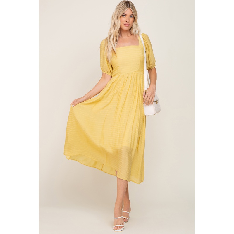 Yellow Striped Puff Sleeve Midi Dress
