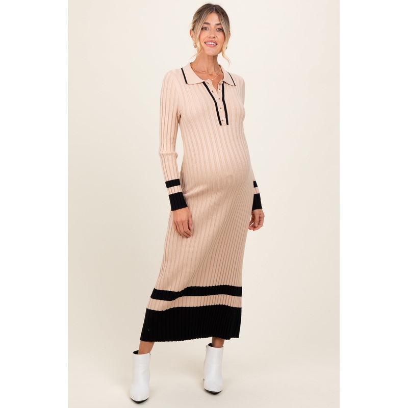 Beige Contrast Trim Knit Polo Maternity Midi Dress
