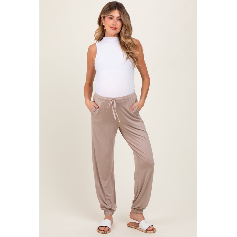 Beige Drawstring Maternity Jogger Pants