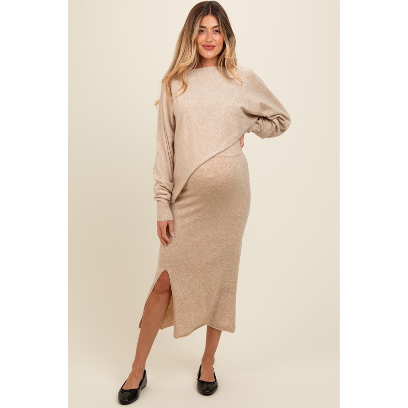 Beige Knit Asymmetrical Top Midi Skirt Maternity Set