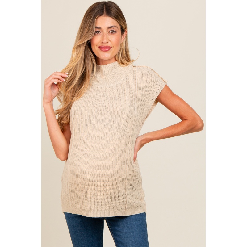 Beige Knit Maternity Tunic Sweater Top
