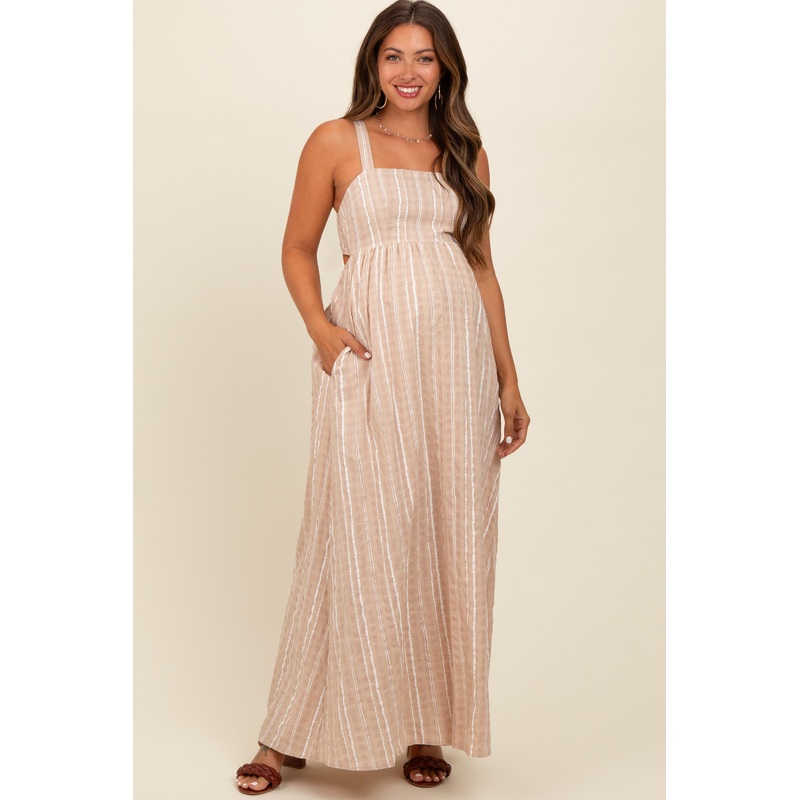 Beige Striped Back Cut Out Maternity Maxi Dress