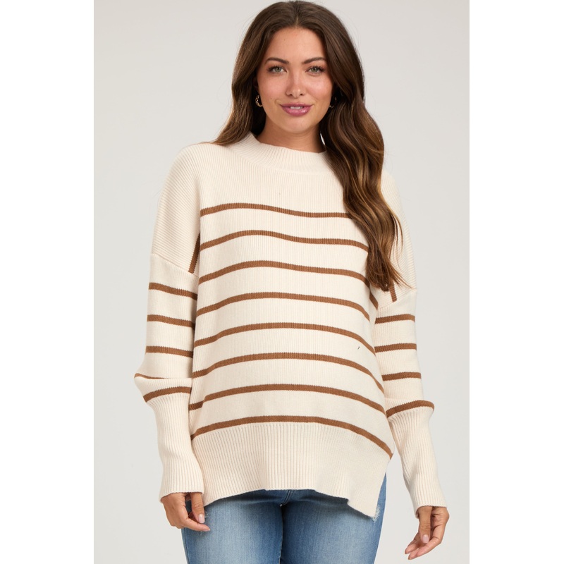 Beige Striped Drop Shoulder Maternity Sweater