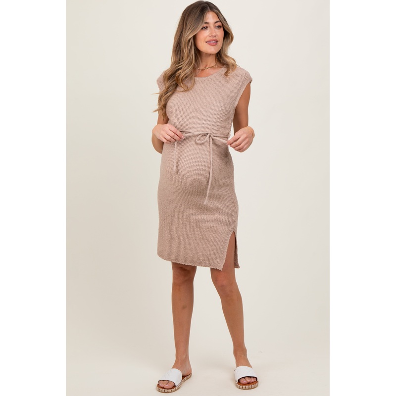 Beige Waffle Knit Sash Tie Short Sleeve Maternity Dress