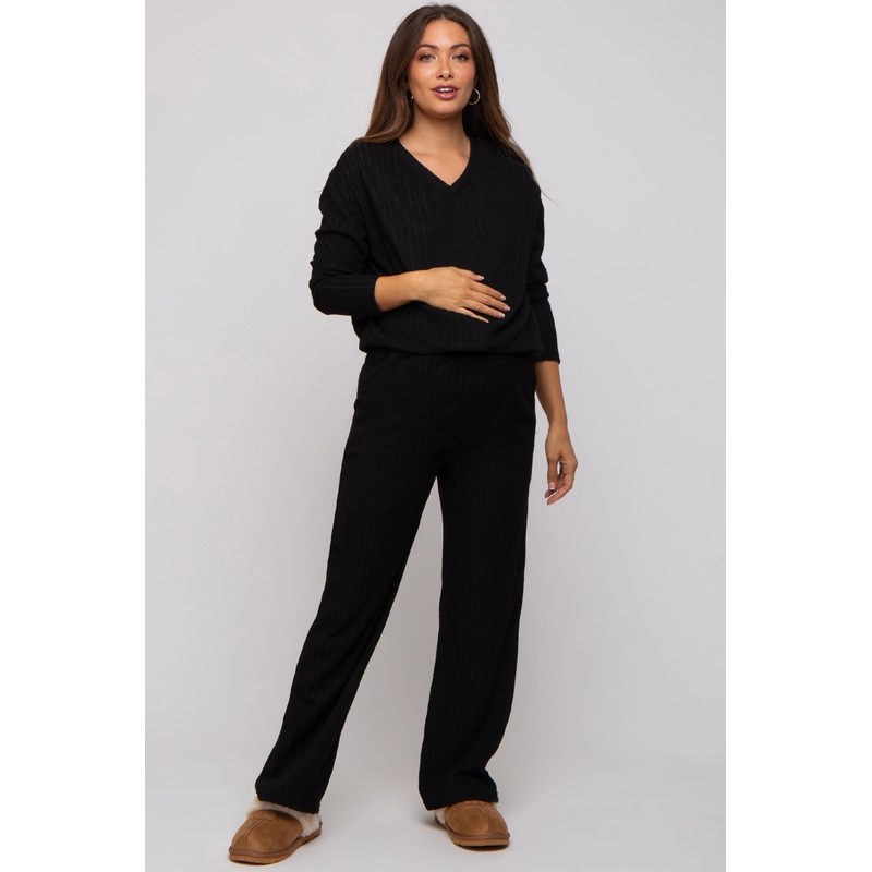 Black Ribbed Soft Knit Long Sleeve Maternity Pajama Set