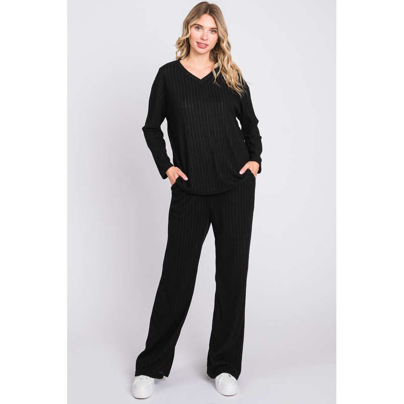 Black Ribbed Soft Knit Long Sleeve Pajama Set