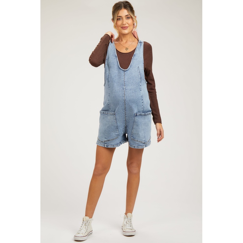 Light Blue Denim Scoop Neck Maternity Short Overall