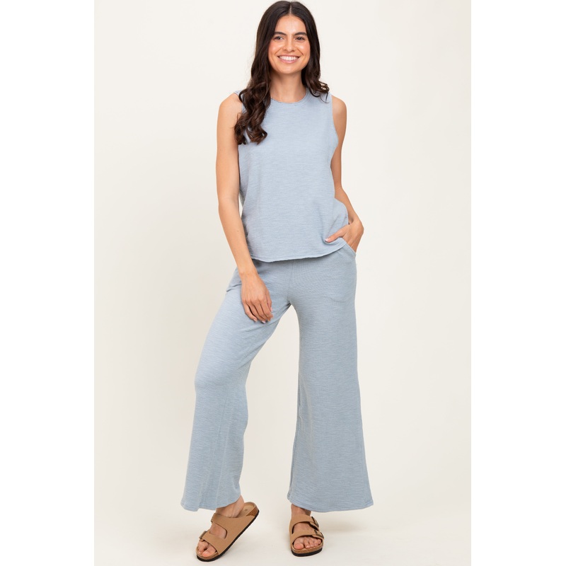 Light Blue Slub Knit Pants Set