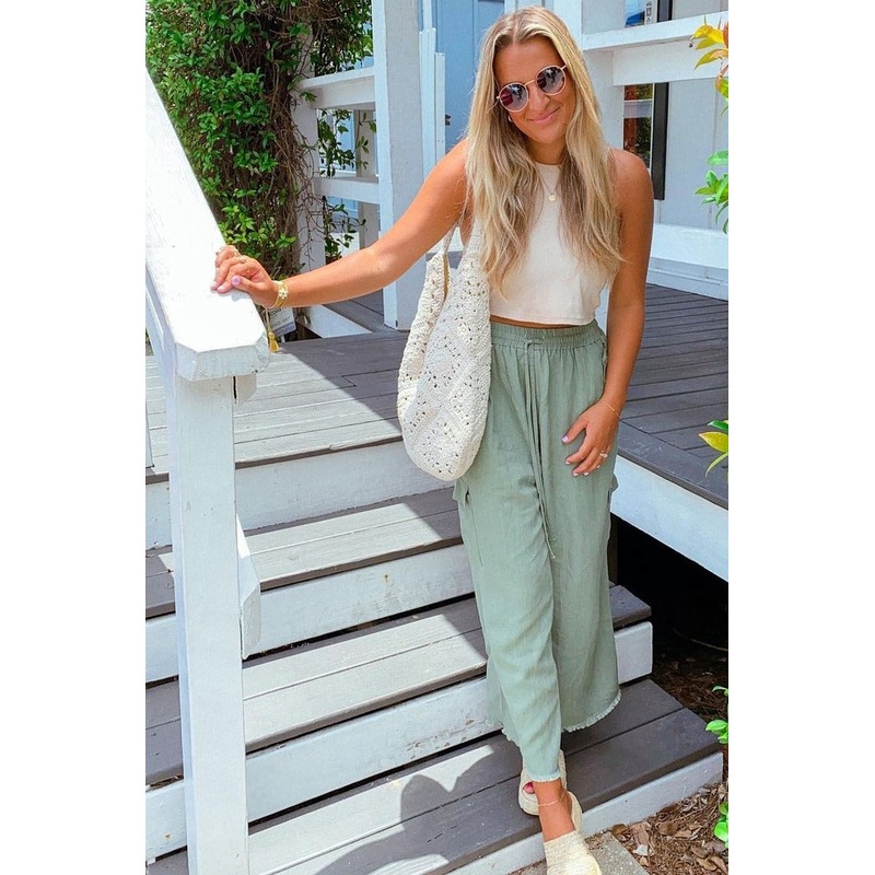 Light Olive Raw Hem Cargo Pants