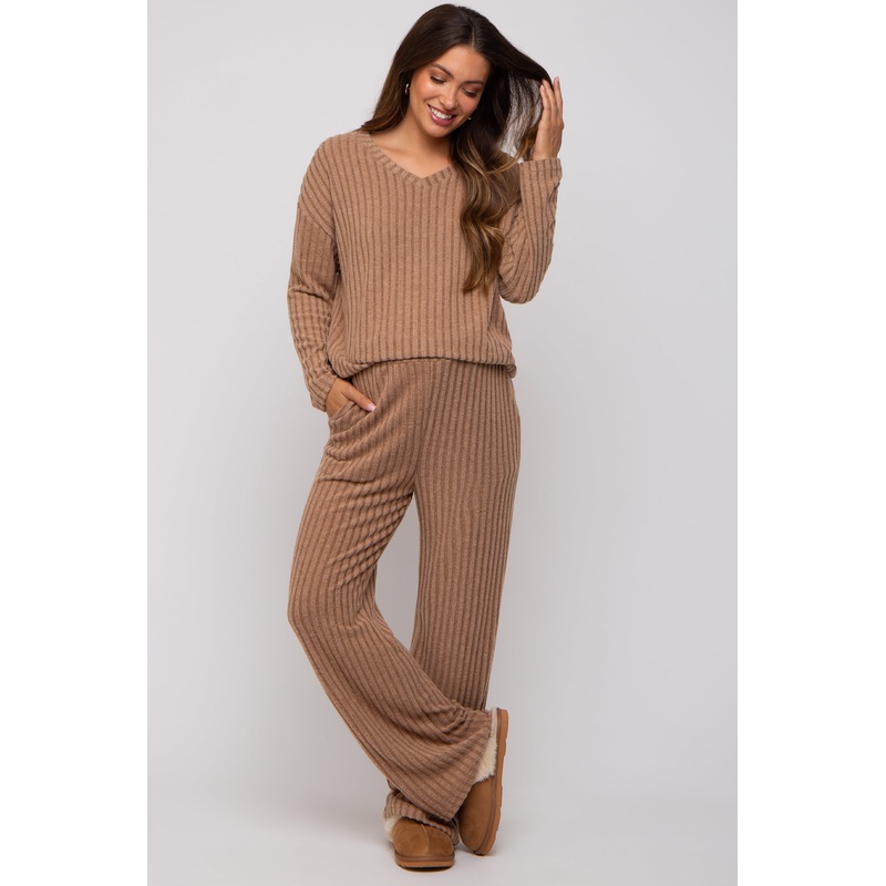 Mocha Ribbed Soft Knit Long Sleeve Maternity Pajama Set