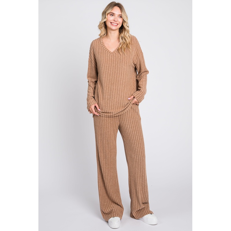 Mocha Ribbed Soft Knit Long Sleeve Pajama Set