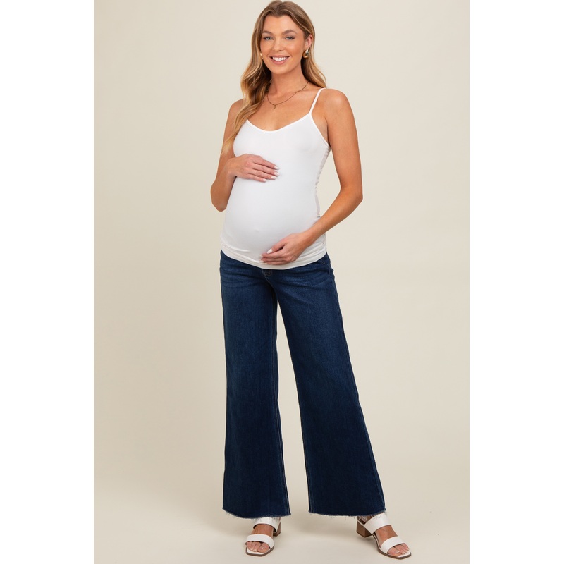 Navy Blue Unfinished Hem Wide Leg Maternity Jeans