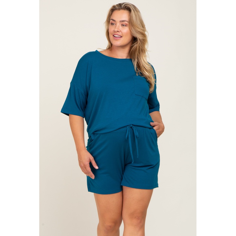 Teal Pocket Front Maternity Plus Pajama Short Set
