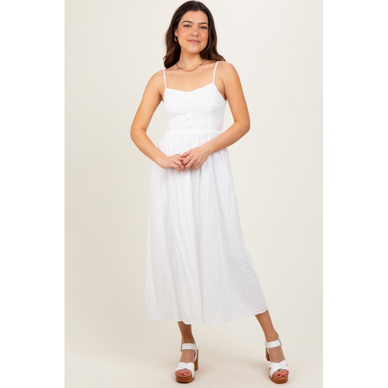 White Eyelet Front Button Sleeveless Midi Dress