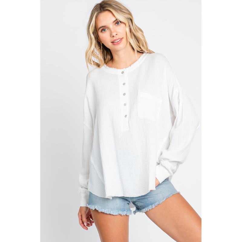 White Front Button Drop Shoulder Long Sleeve Top