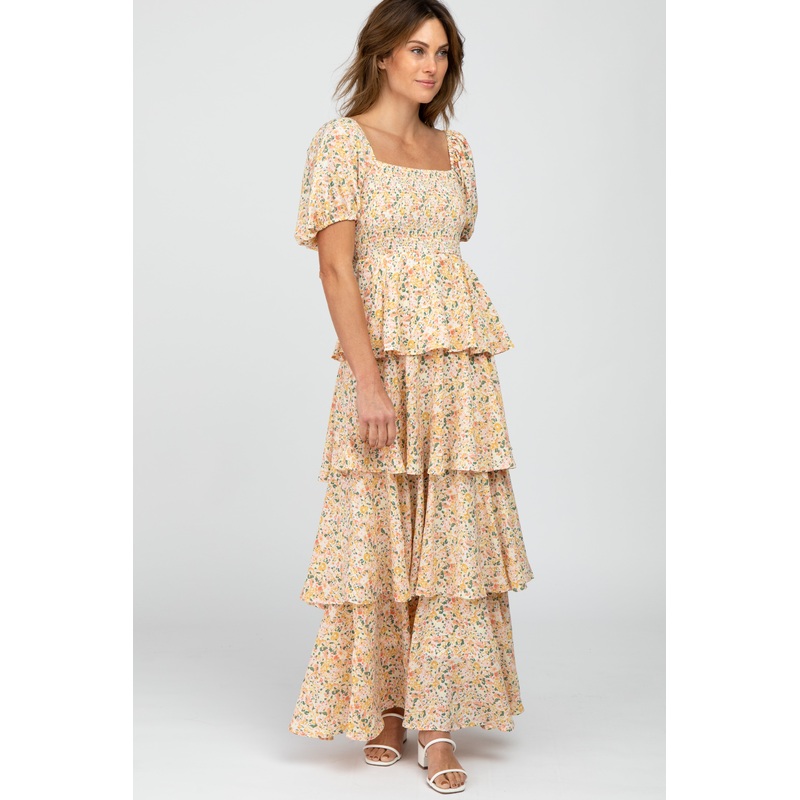 Yellow Floral Square Neck Ruffle Layered Maxi Dress