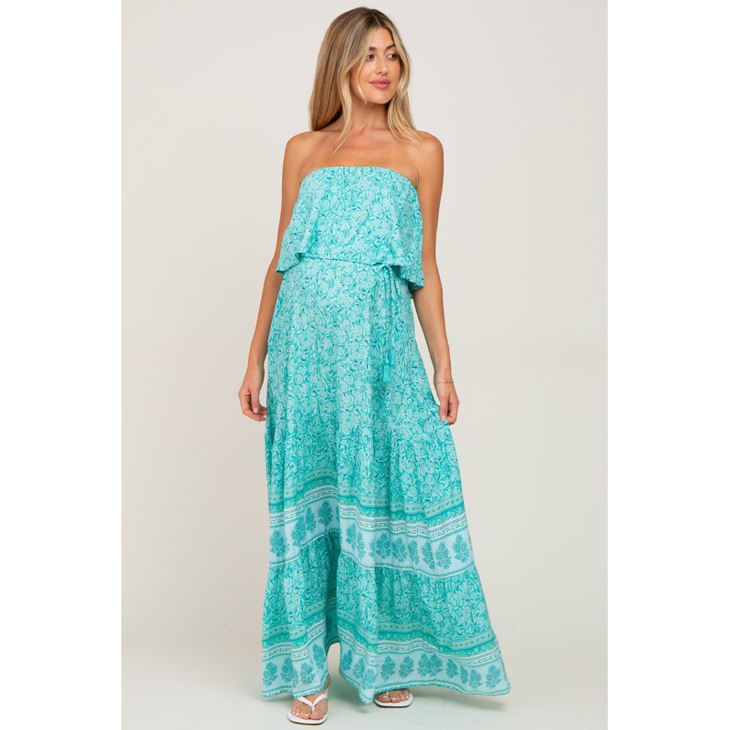 Aqua Floral Ruffle Layered Strapless Maternity Maxi Dress