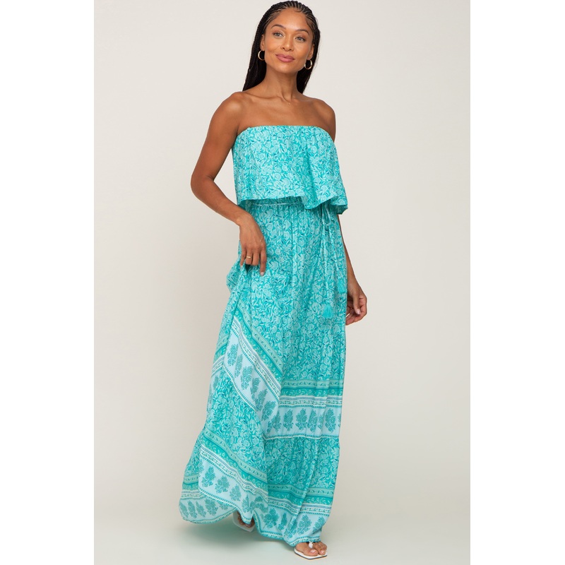 Aqua Floral Ruffle Layered Strapless Maxi Dress