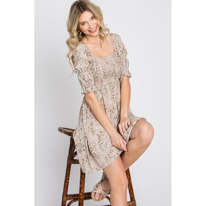 Beige Floral Smocked Square Neck Puff Sleeve Dress