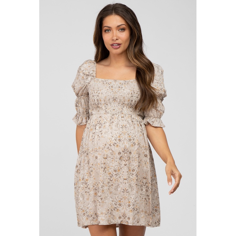 Beige Floral Smocked Square Neck Puff Sleeve Maternity Dress
