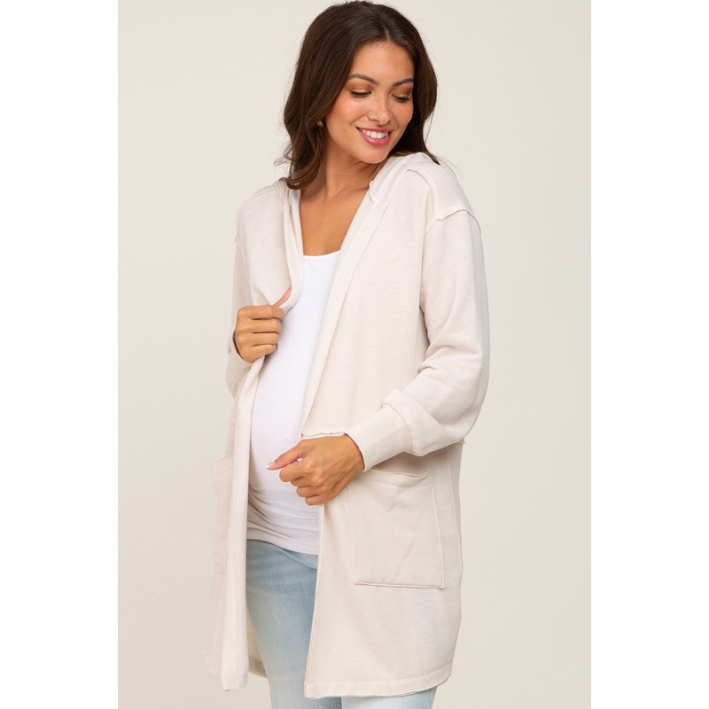 Beige Raw Seam Hooded Maternity Cardigan