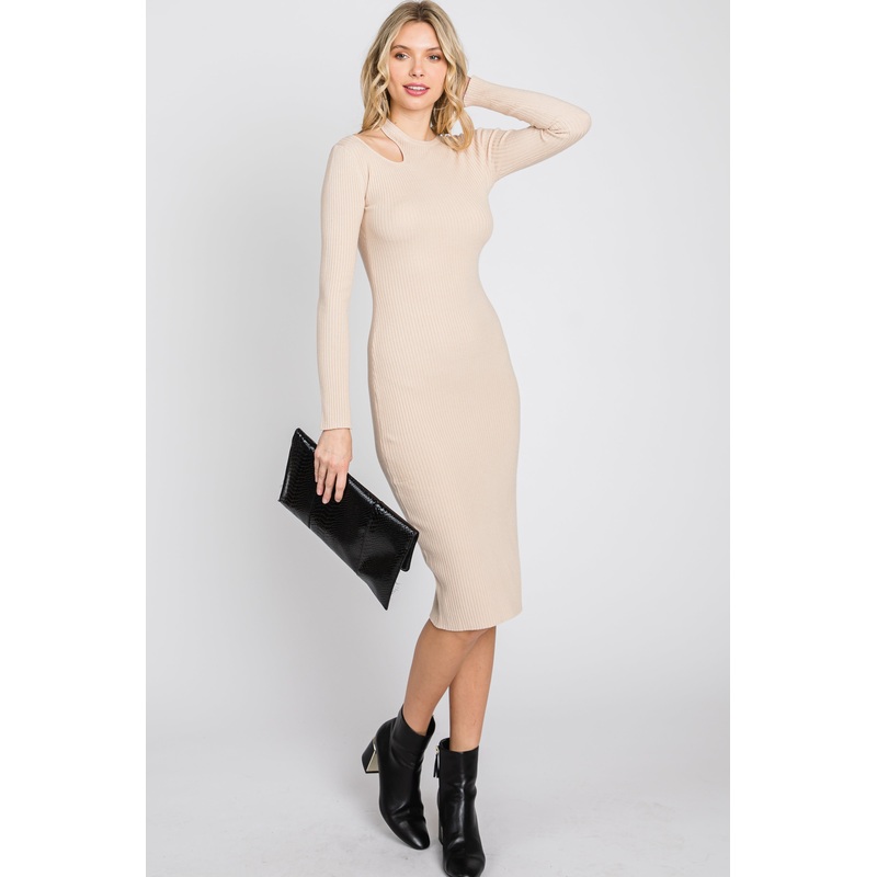 Beige Ribbed Cutout Fitted Dress