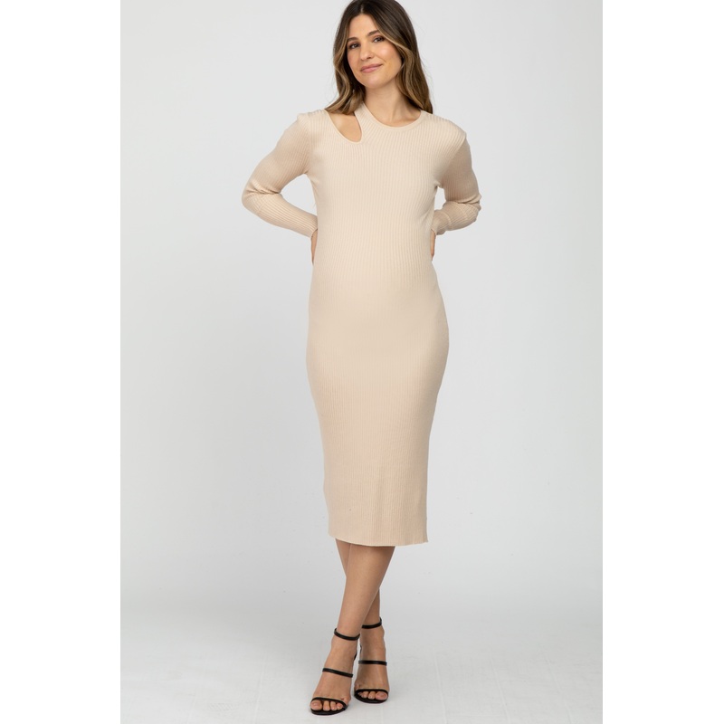 Beige Ribbed Cutout Maternity Fitted Dress