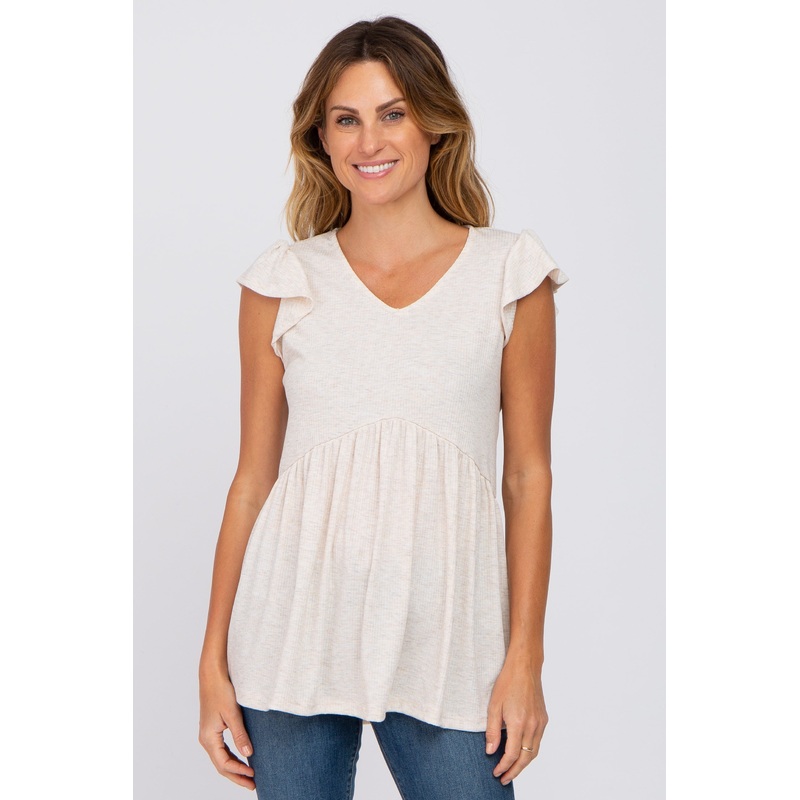 Beige Ribbed Ruffle Sleeve Top