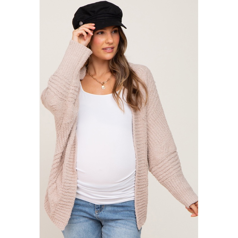 Beige Soft Knit Dolman Sleeve Maternity Cardigan