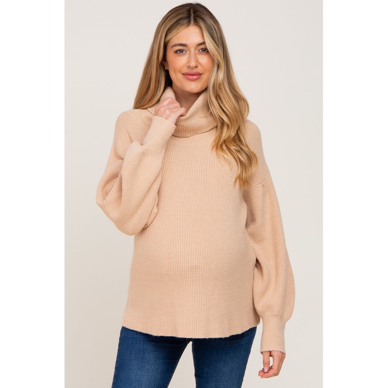 Beige Turtleneck Knit Maternity Sweater