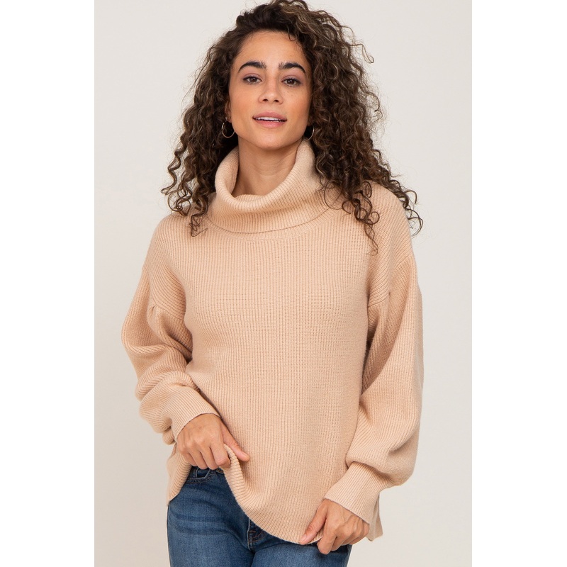 Beige Turtleneck Knit Sweater