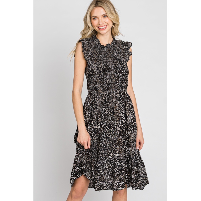 Black Animal Print Sleeveless Smocked Dress
