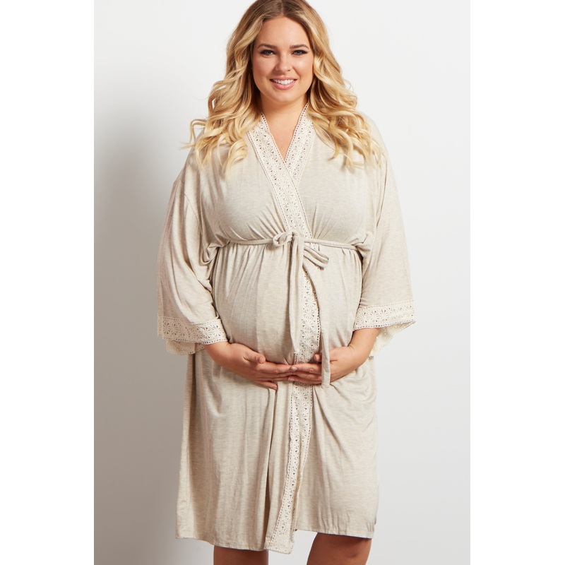 PinkBlush Ivory Crochet Trim Plus Delivery/Nursing Maternity Robe