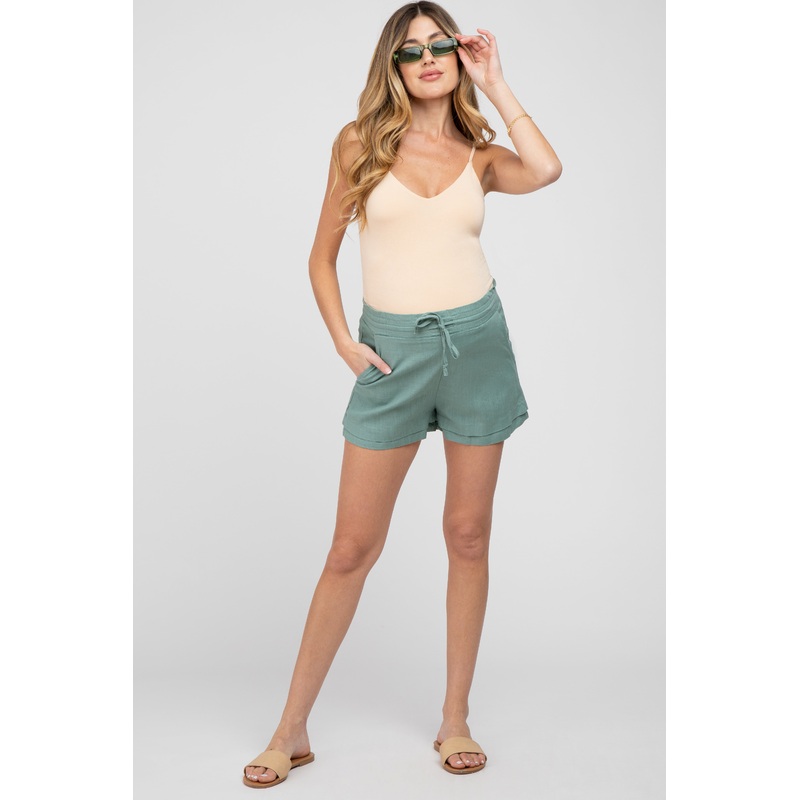 Sage Waist Tie Linen Maternity Shorts