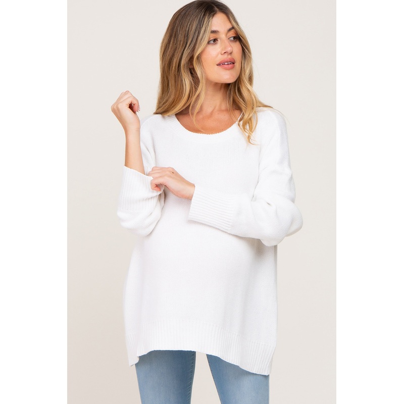 White Ribbed Trim Maternity Sweater