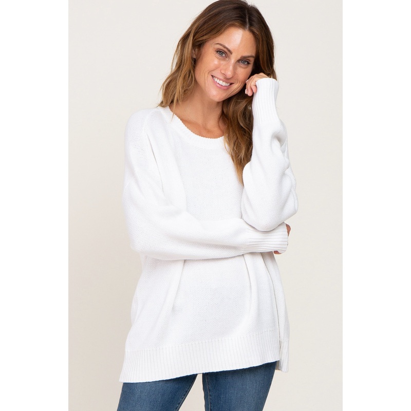 White Ribbed Trim Sweater