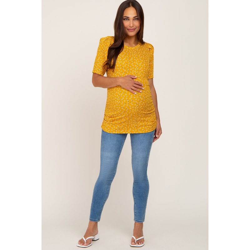 Yellow Floral Ruched Puff Sleeve Ribbed Maternity Top