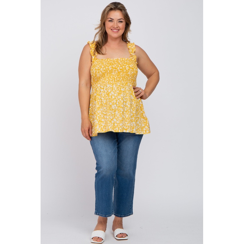 Yellow Floral Smocked Maternity Plus Tank Top