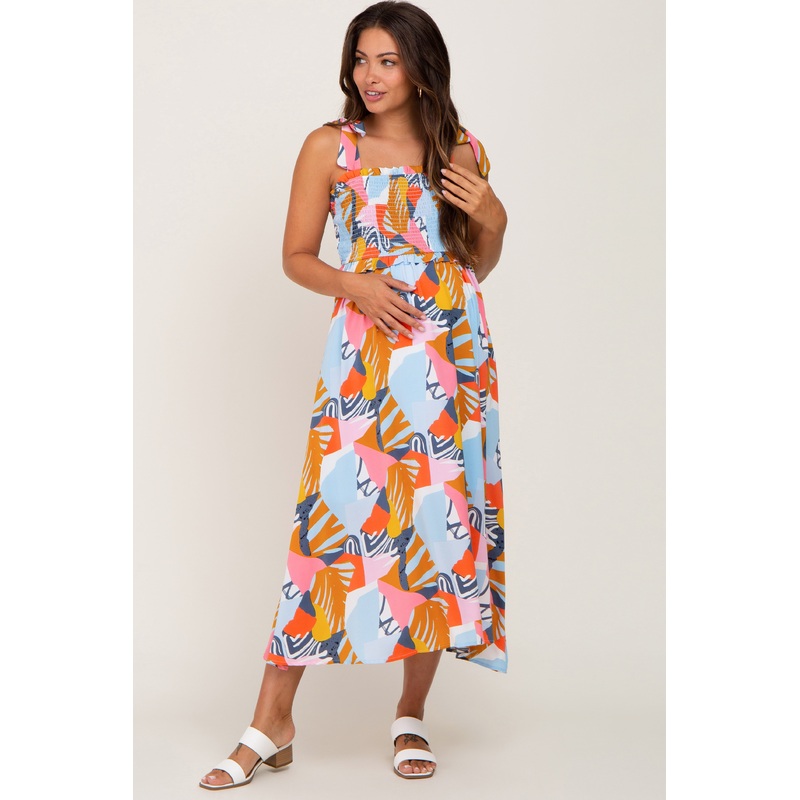 Yellow Multi-Colored Brush Stroke Printed Tie Strap Smocked Maternity Midi Dress