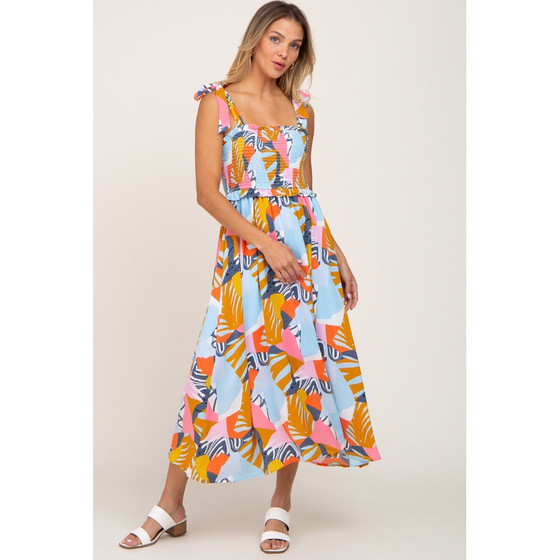 Yellow Multi-Colored Brush Stroke Printed Tie Strap Smocked Midi Dress