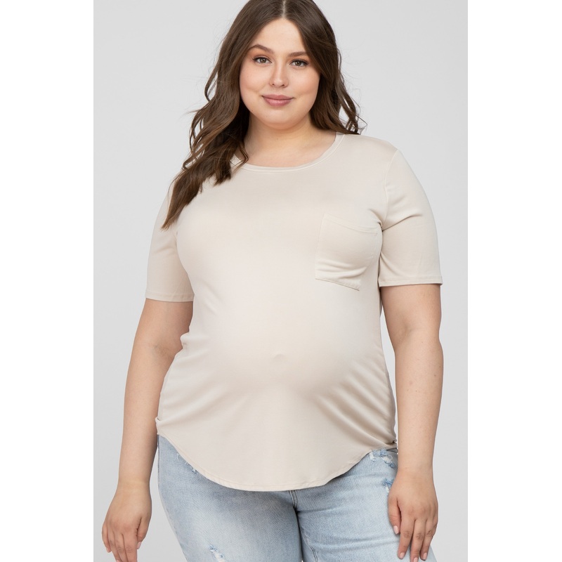 Beige Crew Neck Front Pocket Short Sleeve Maternity Plus Top