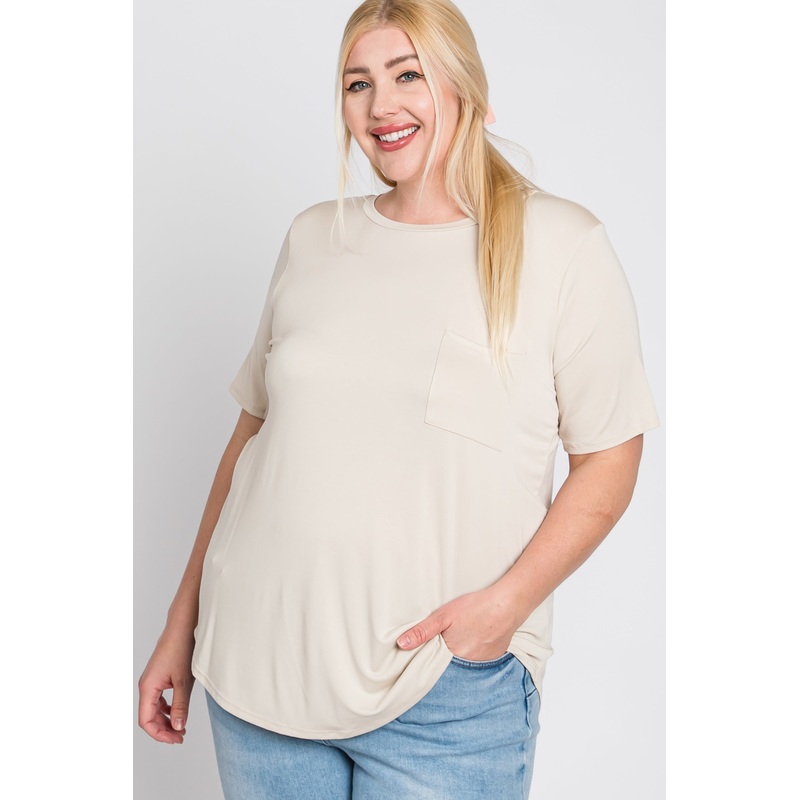 Beige Crew Neck Front Pocket Short Sleeve Plus Top